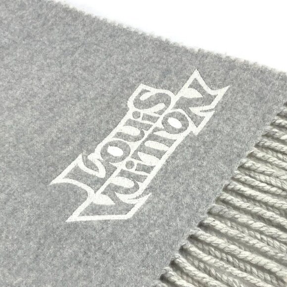 LOUIS VUITTON fringe Scarf -LV Dove logo Scarf wool / Cashmere gray/White - Picture 6 of 9